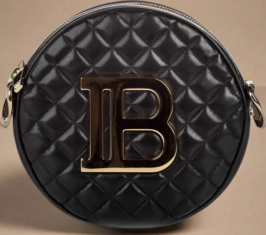 BALMAIN Black Leather Crossbody Bag with gold tone logo