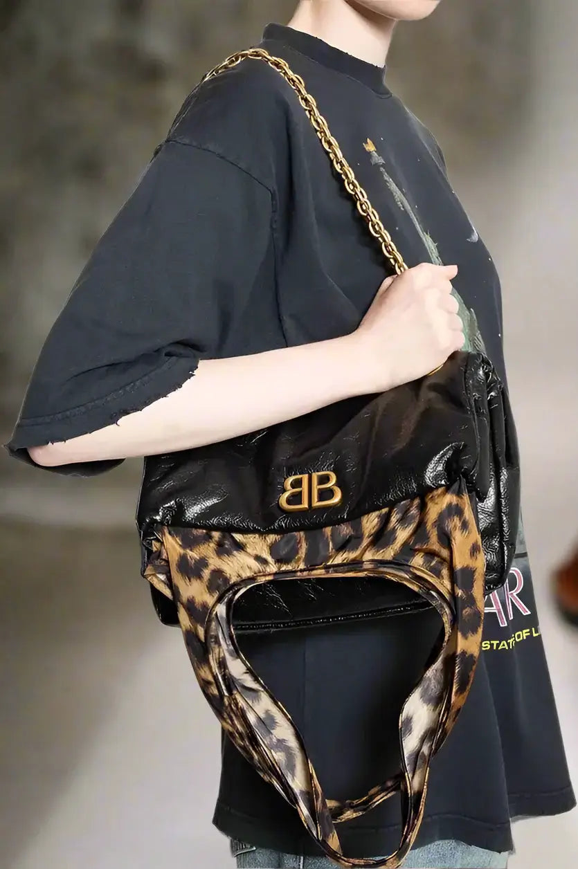 BALENCIAGA Monaco leather and Leopard – Bucket Shoulder Bag