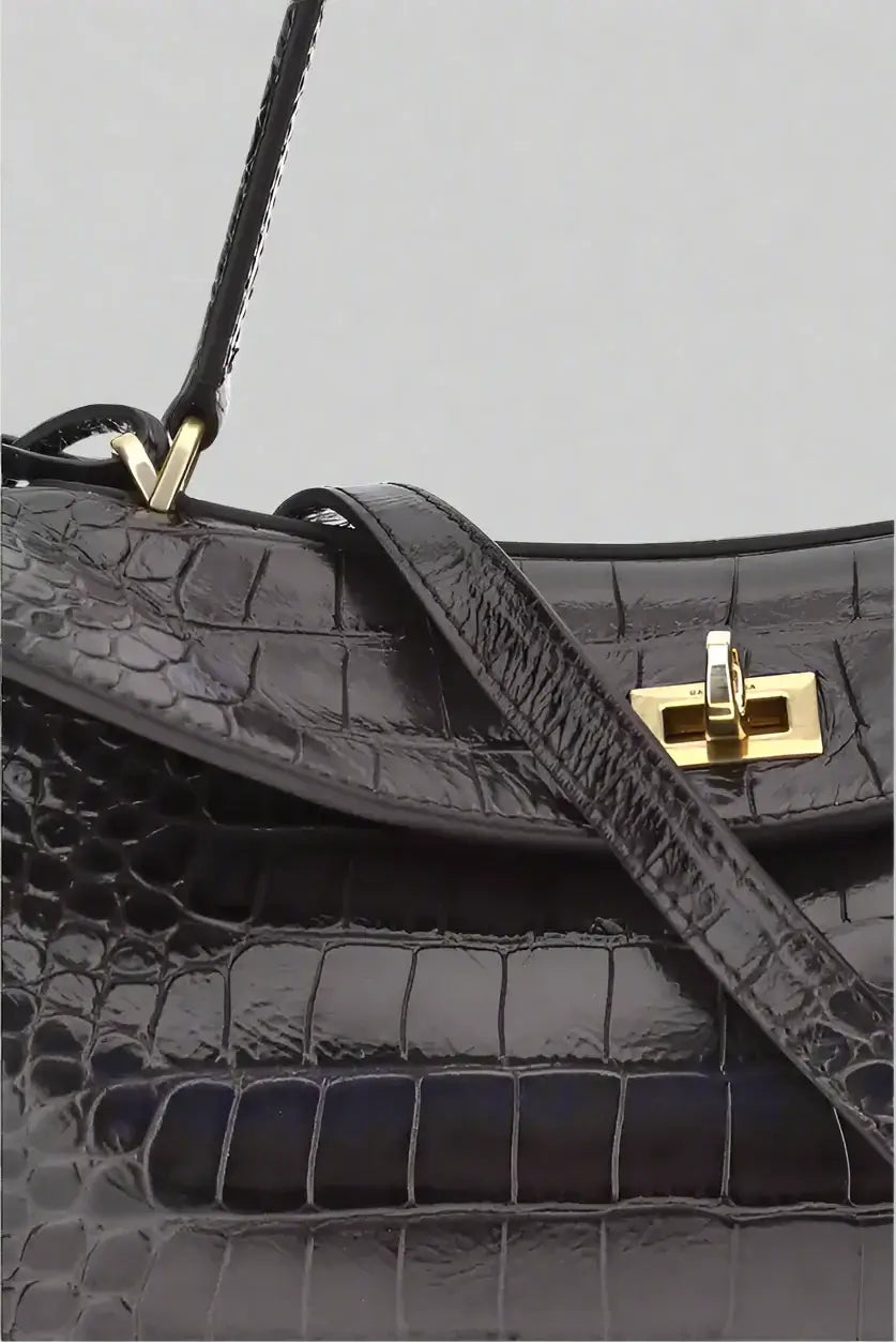 BALENCIAGA Rodeo Shoulder Bag in grey crocodile-print leather