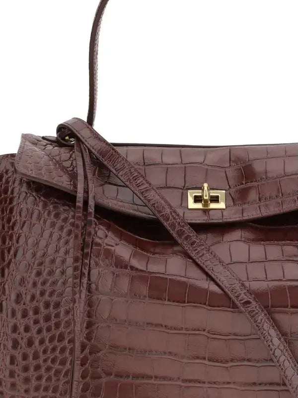 BALENCIAGA brown Croc print leather Rodeo Medium Handbag