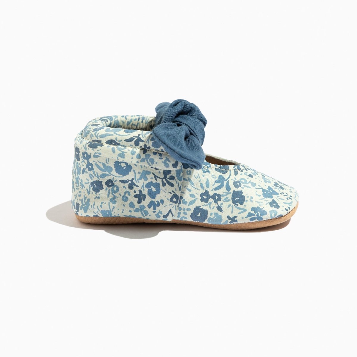 Blue Blooms Knotted Bow Baby Shoe Knotted Bow Mocc by Freshly Picked – Don't Panic Shoes