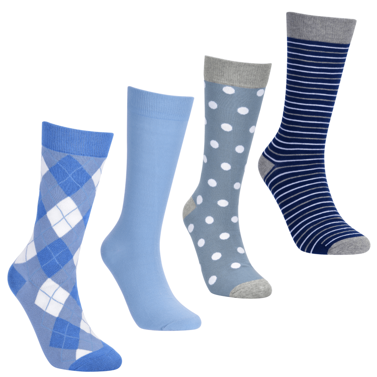 Blue Mood Sock Bundle 4 Pack Patterned And Solid Argyle Polka Dot Sky Dusty Navy Crew Socks Socks by No Cold Feet – Don't Panic Shoes