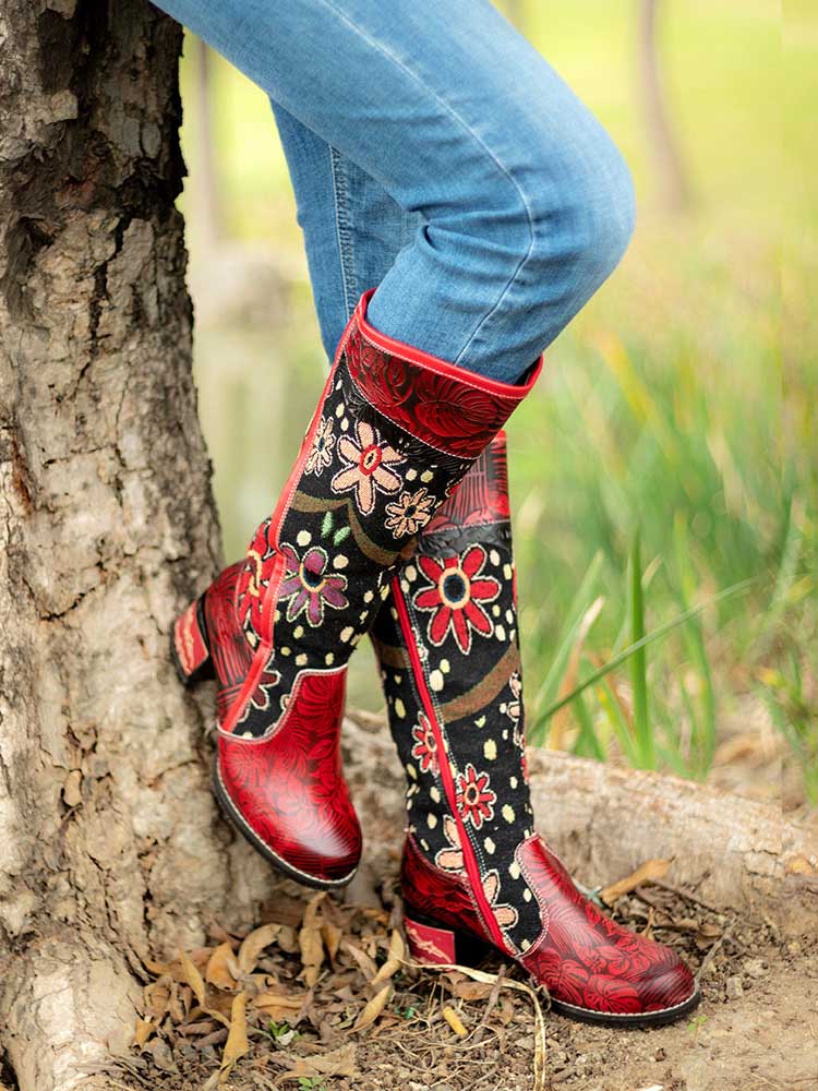 Bohemian Leather Block Heel Long Boots Boots by Colorstepshoes – Don't Panic Shoes