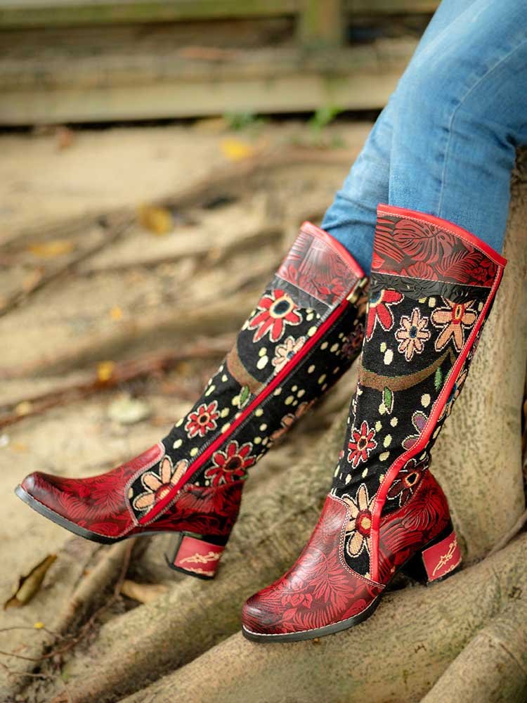 Bohemian Leather Block Heel Long Boots Boots by Colorstepshoes – Don't Panic Shoes