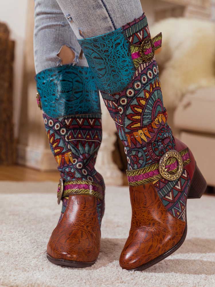 Bohemian Leather Splicing Pattern High Tube Boots Boots by Colorstepshoes – Don't Panic Shoes