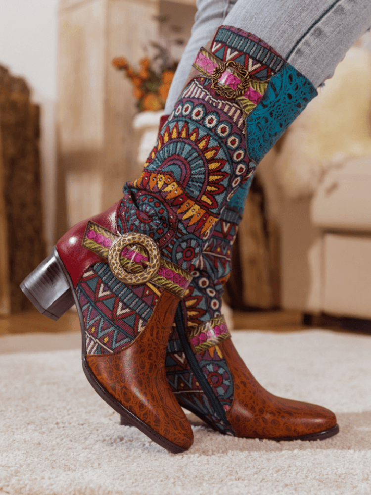 Bohemian Leather Splicing Pattern High Tube Boots Boots by Colorstepshoes – Don't Panic Shoes