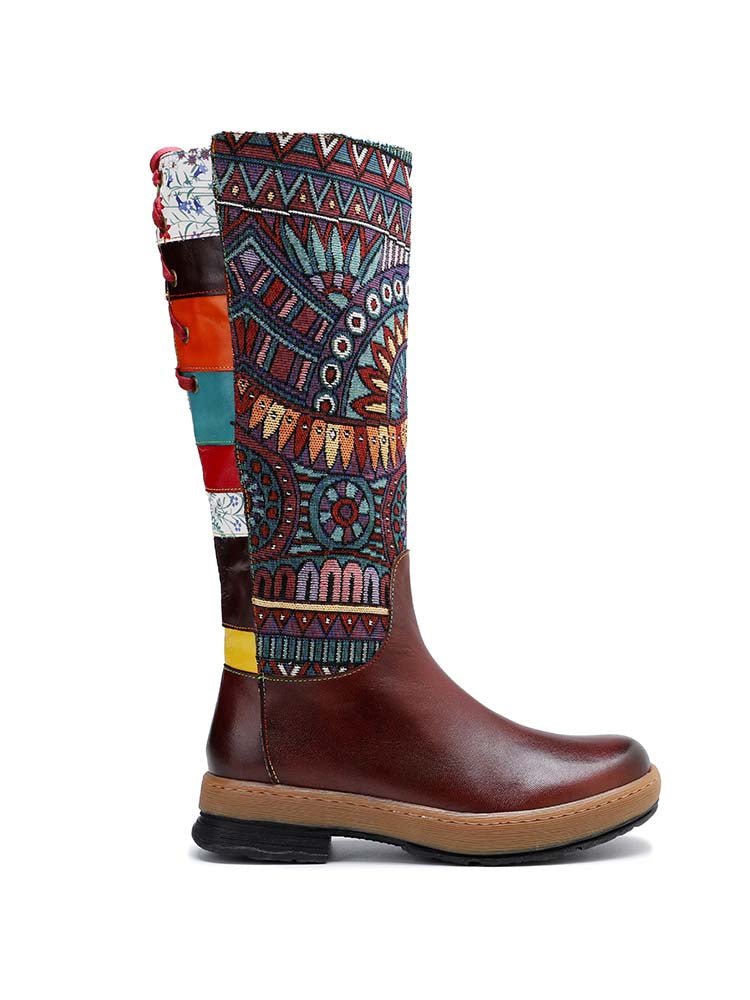 Bohemian Leather Splicing Pattern High Tube Boots Boots by Colorstepshoes – Don't Panic Shoes