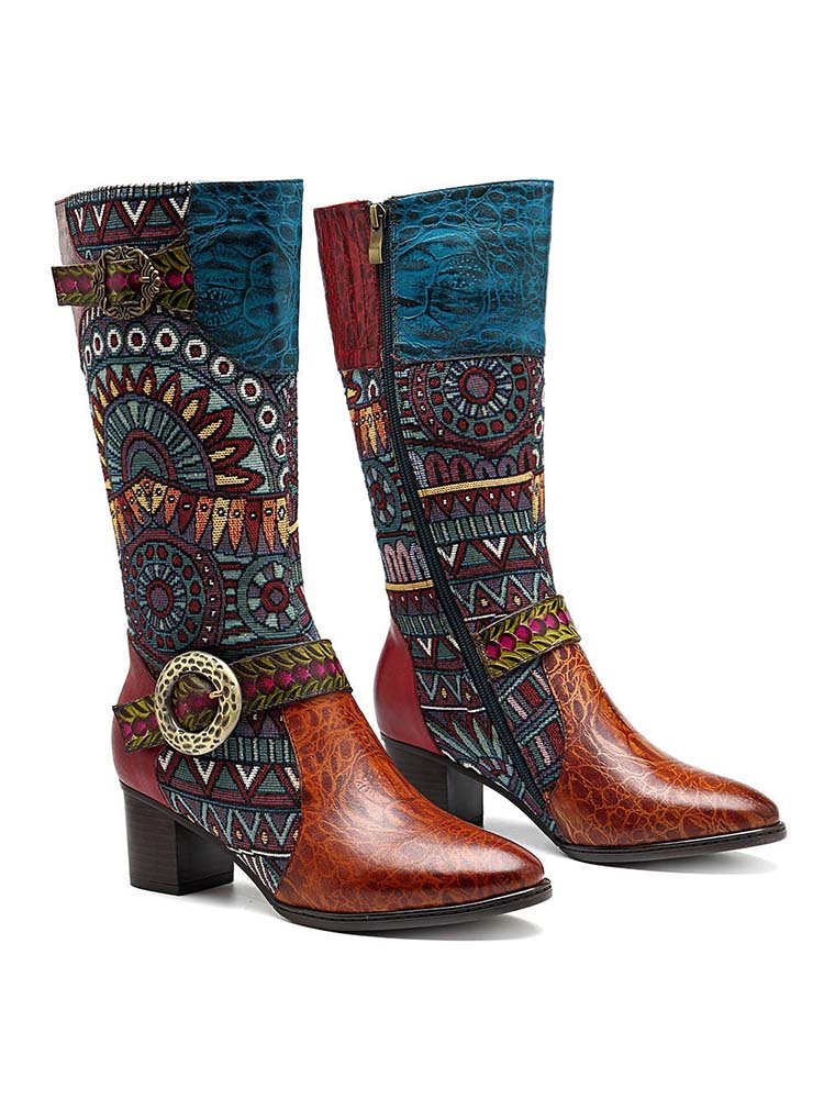 Bohemian Leather Splicing Pattern High Tube Boots Boots by Colorstepshoes – Don't Panic Shoes
