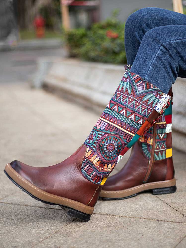 Bohemian Leather Splicing Pattern High Tube Boots Boots by Colorstepshoes – Don't Panic Shoes