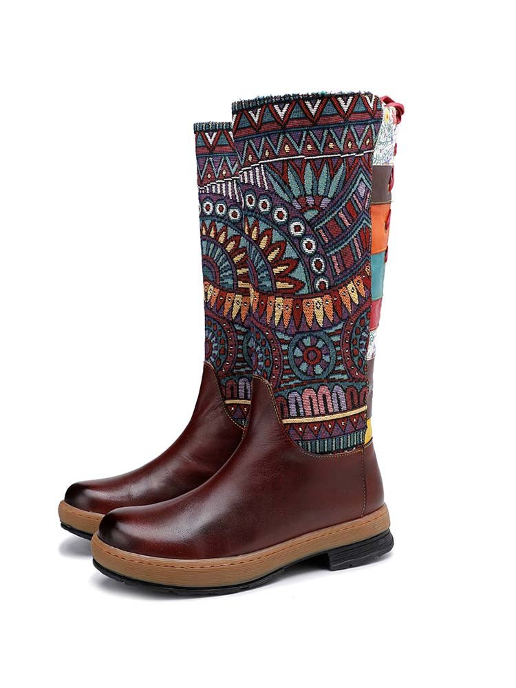 Bohemian Leather Splicing Pattern High Tube Boots Boots by Colorstepshoes – Don't Panic Shoes