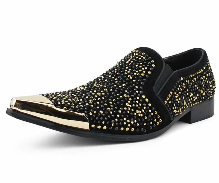Bolano Desta Black/Gold Men's Rhinestone Loafers With Metal Tip Smoking Slippers by Bolano – Don't Panic Shoes