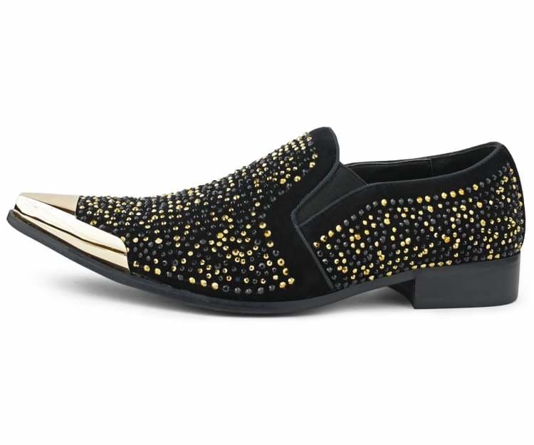 Bolano Desta Black/Gold Men's Rhinestone Loafers With Metal Tip Smoking Slippers by Bolano – Don't Panic Shoes
