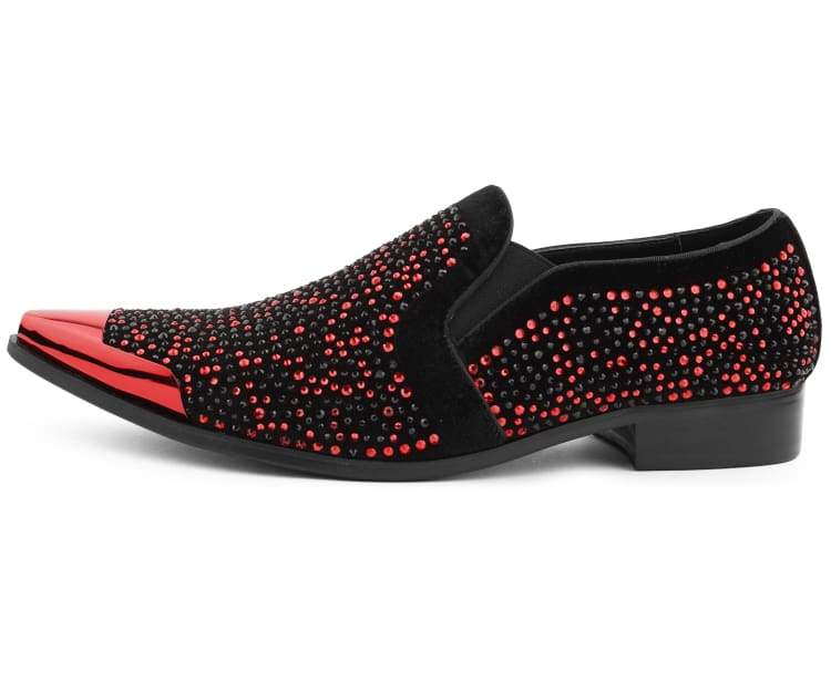 Bolano Desta Men's Black And Red Rhinestone Leather Loafers Smoking Slippers by Bolano – Don't Panic Shoes
