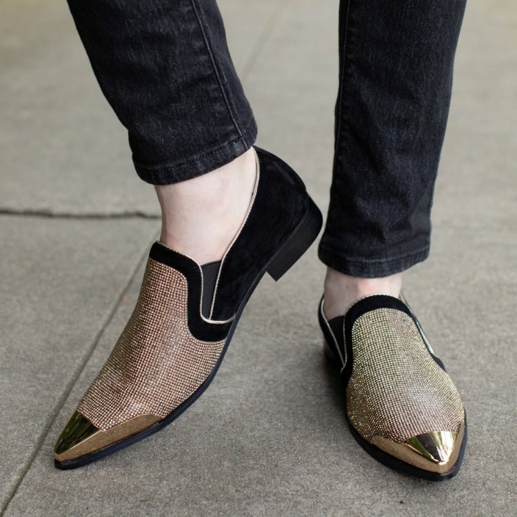 Bolano Dezzy Men's Rose Gold Glitter Leather Tuxedo Slippers Smoking Slippers by Bolano – Don't Panic Shoes