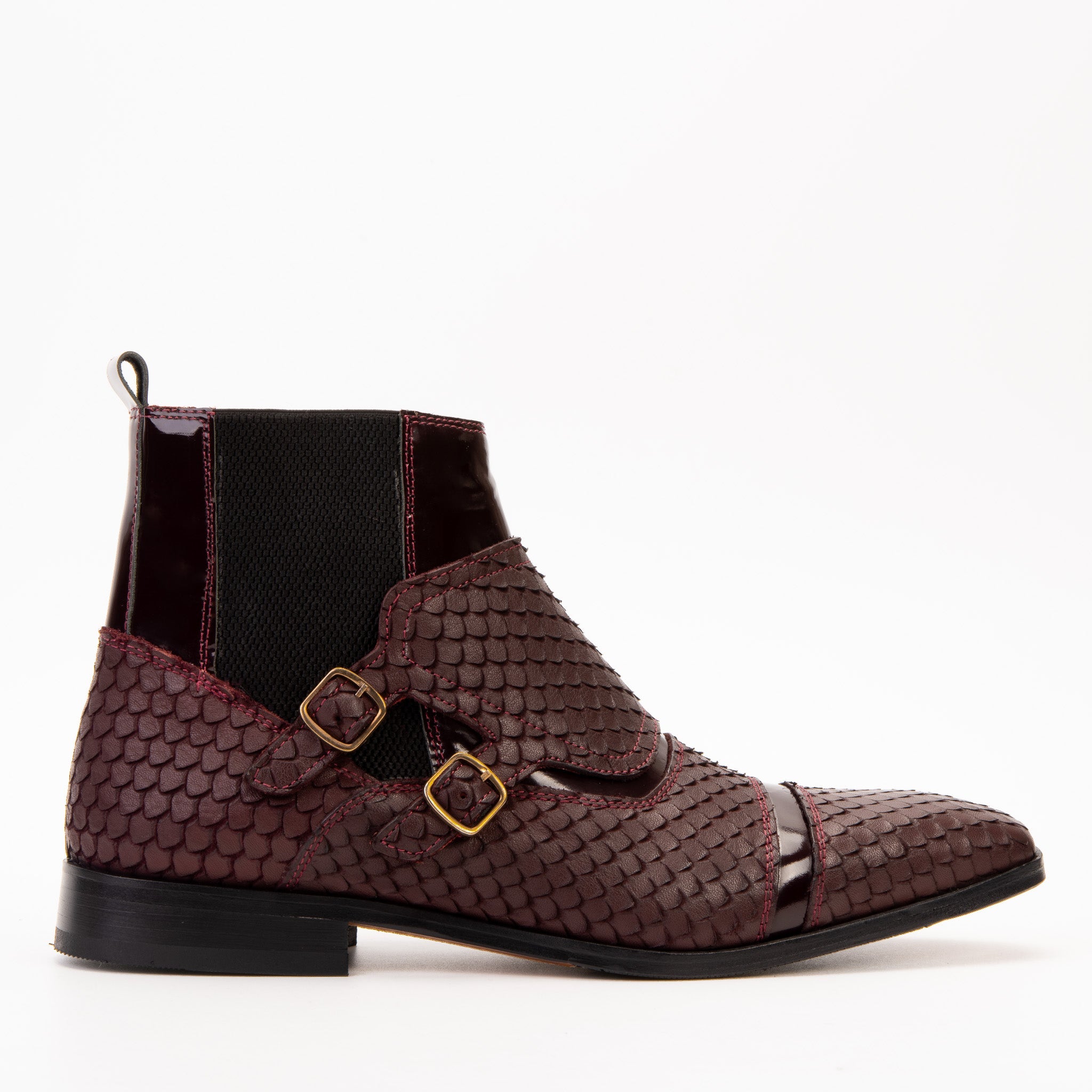 The Orion Burgundy Snakeskin Pattern Leather Double Monk Strap Men Boot