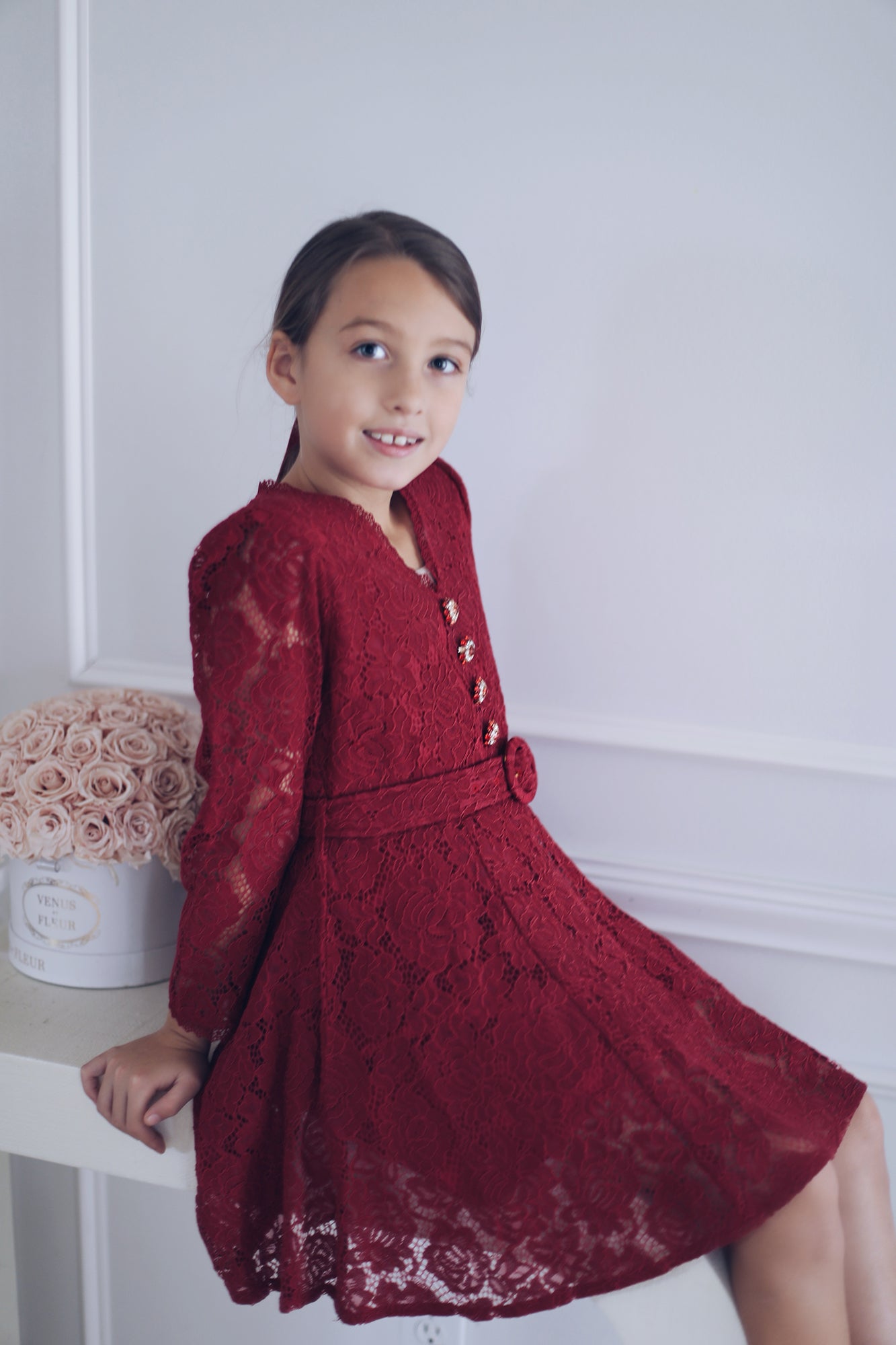 Elise Lace Dress Rhinestone Button Belt Lace Burgundy