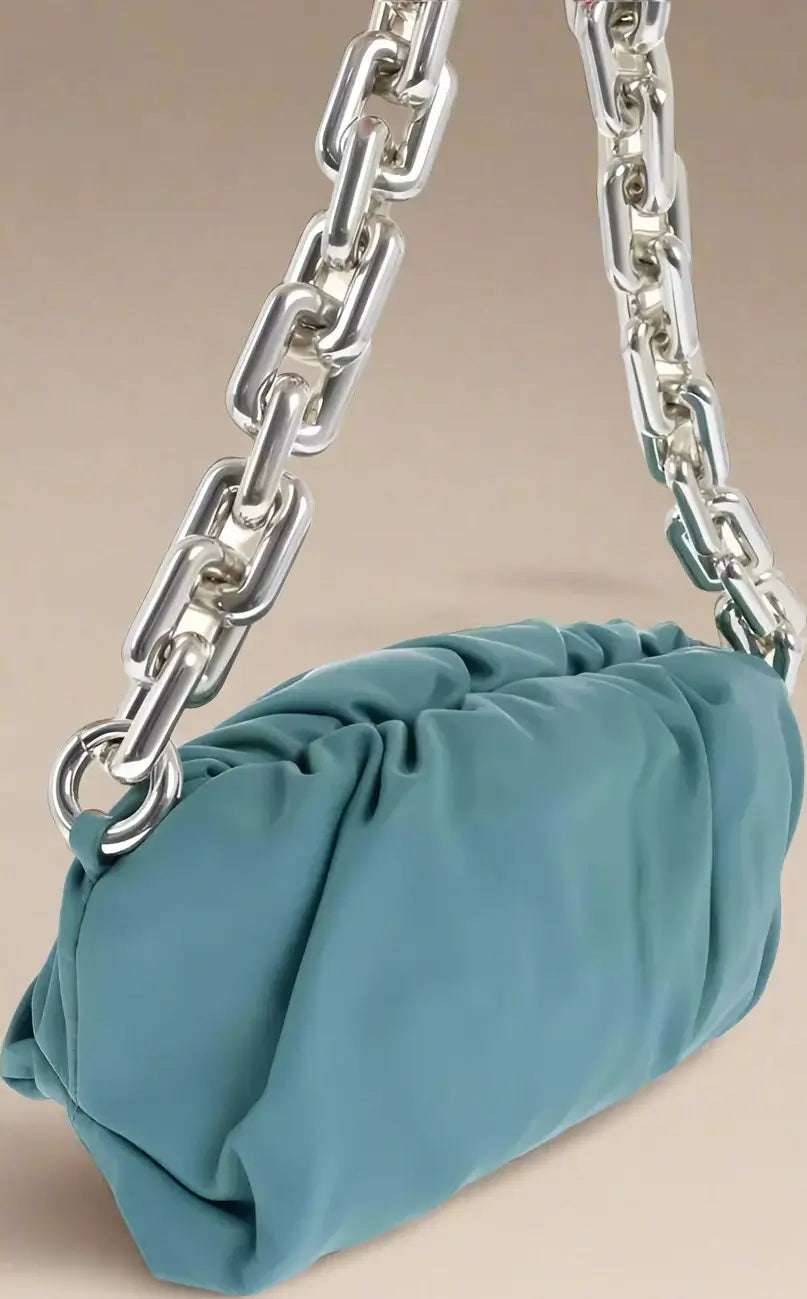 Bottega Veneta blue-green Leather THE CHAIN POUCH Bag with Magnetic Closure
