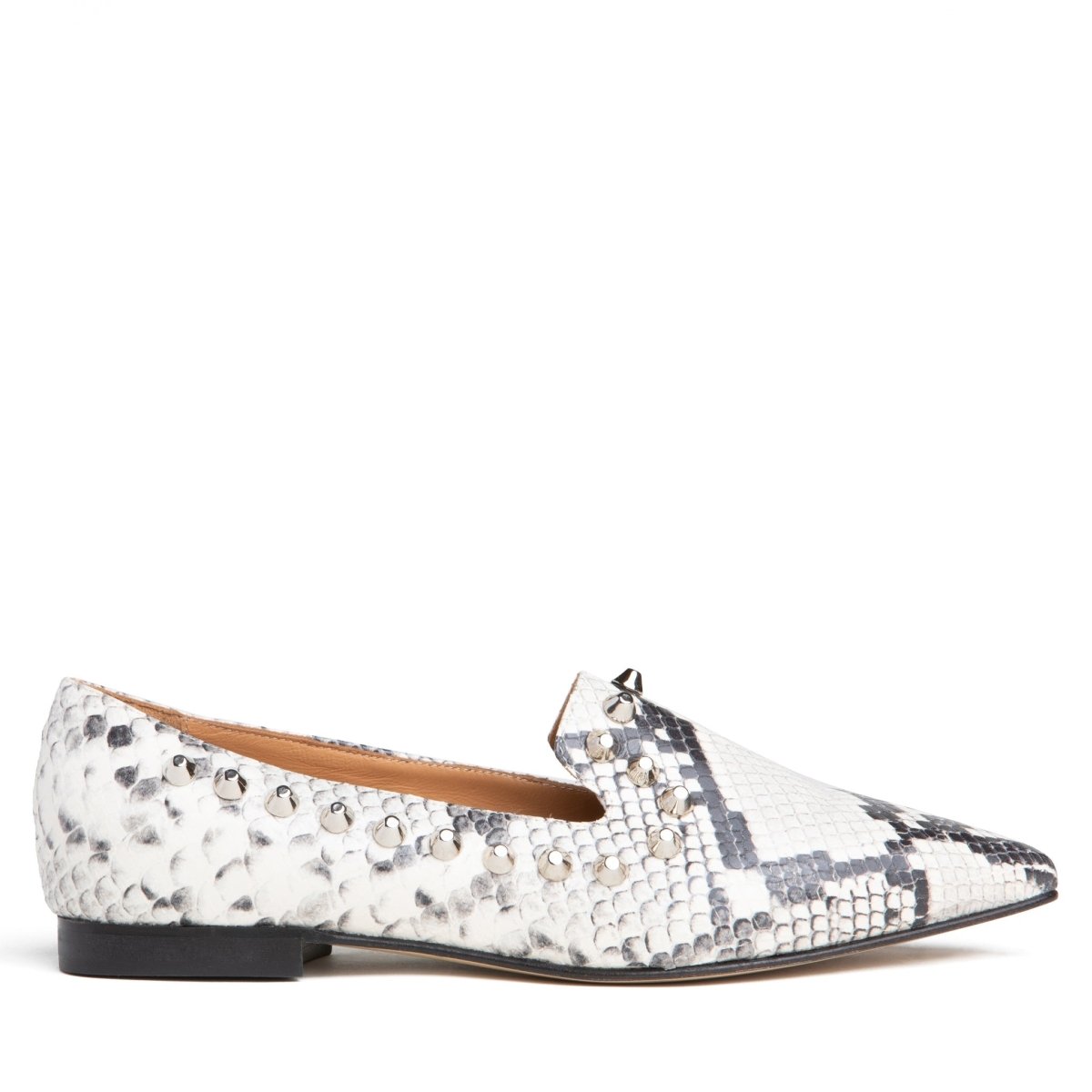 Celeste Loafer Natural Snake Leather Studded 10mm Heel Flats by Beautiisoles – Don't Panic Shoes