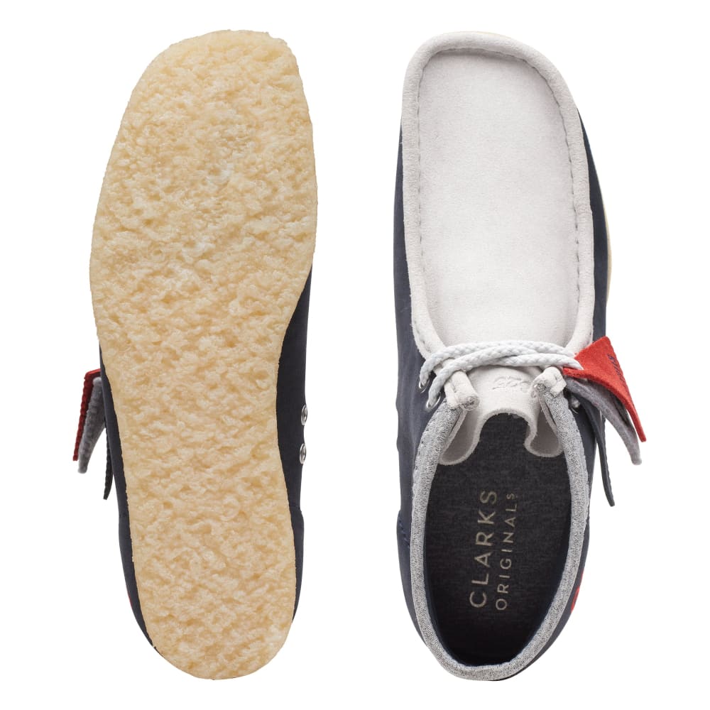 ClarkS Originals Wallabee Boot Vcy Men’s Shoes – Navy, Gray And Red Suede – Style 26165077 – Bold Heritage Statement Shoes by Clarks Originals – Don't Panic Shoes