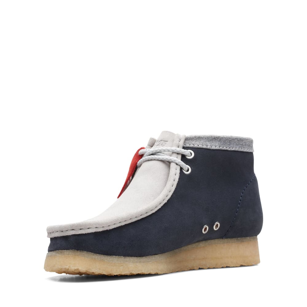 ClarkS Originals Wallabee Boot Vcy Men’s Shoes – Navy, Gray And Red Suede – Style 26165077 – Bold Heritage Statement Shoes by Clarks Originals – Don't Panic Shoes