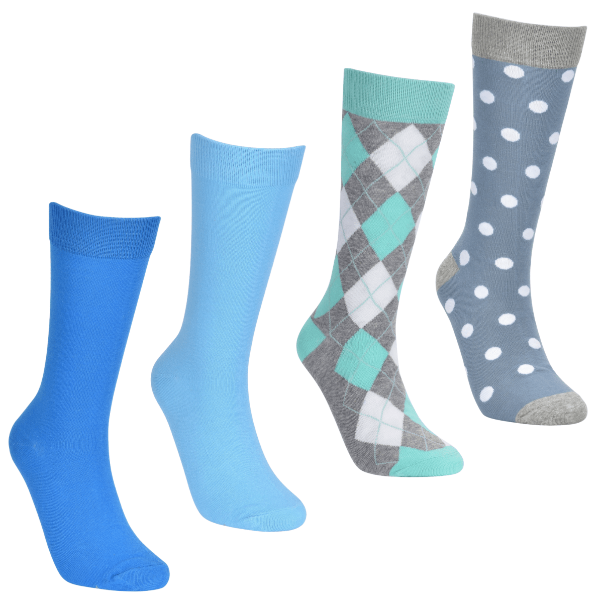 Coastal Cool Sock Bundle 4 Pack Size M Mixed Blue And Green Crew Socks Argyle And Polka Dot Set Socks by No Cold Feet – Don't Panic Shoes