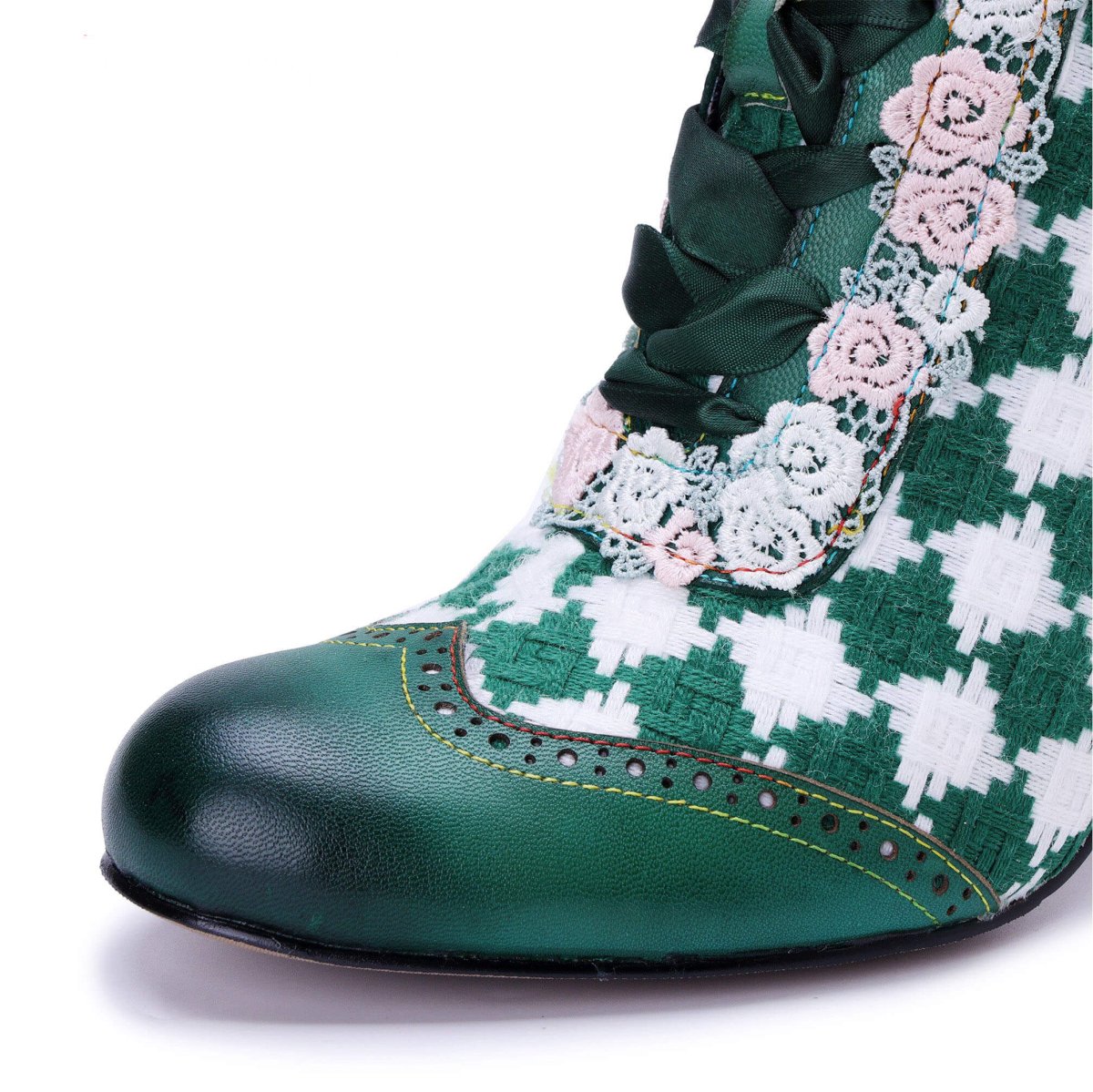 ColorStepshoes Emerald Floral Lace Women’s Cowhide Leather ankle boots by Colorstepshoes – Don't Panic Shoes