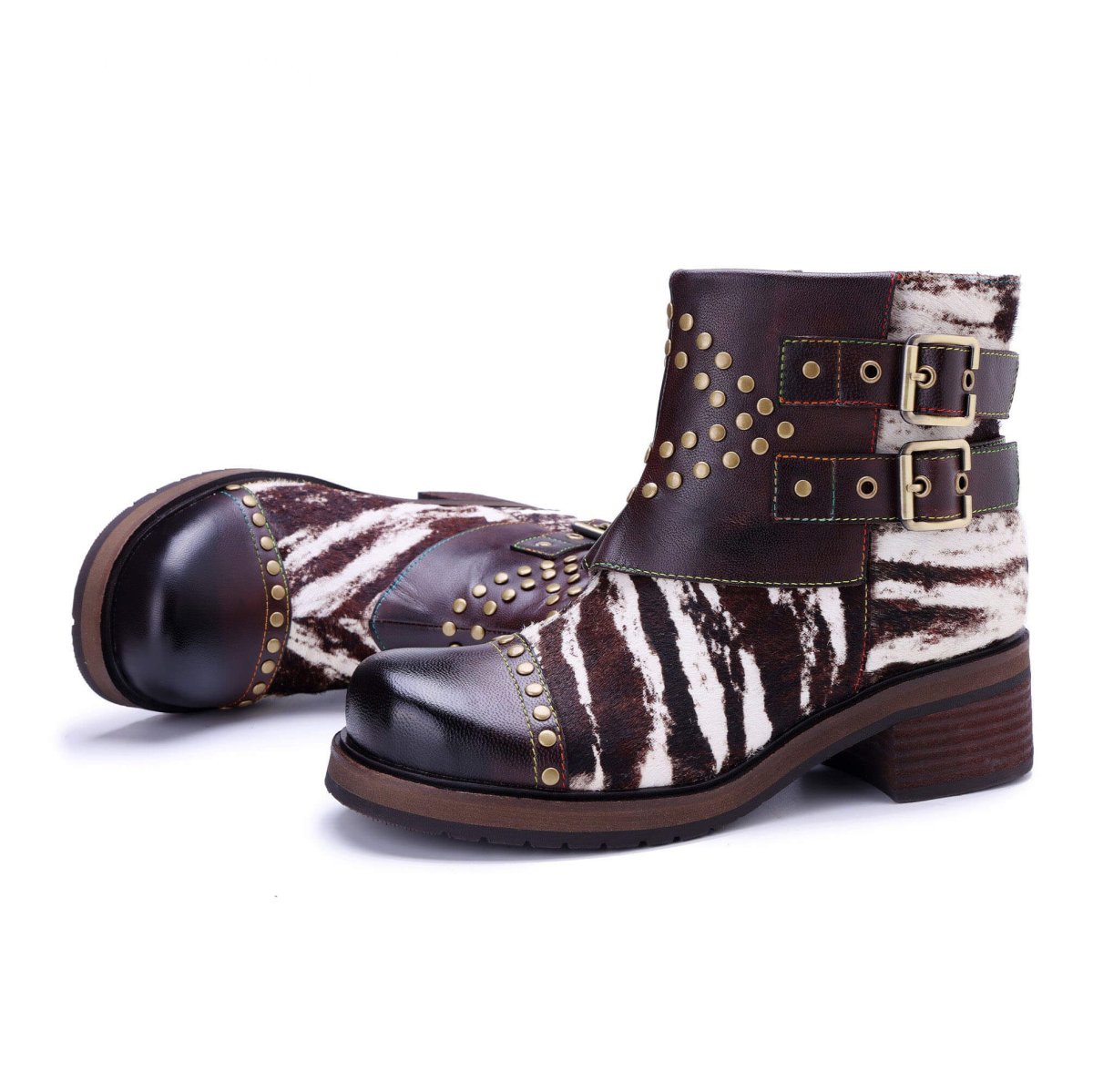 Colorstepshoes Wild Zebra Brown Leather Gold Stud Boots ankle boots by Colorstepshoes – Don't Panic Shoes