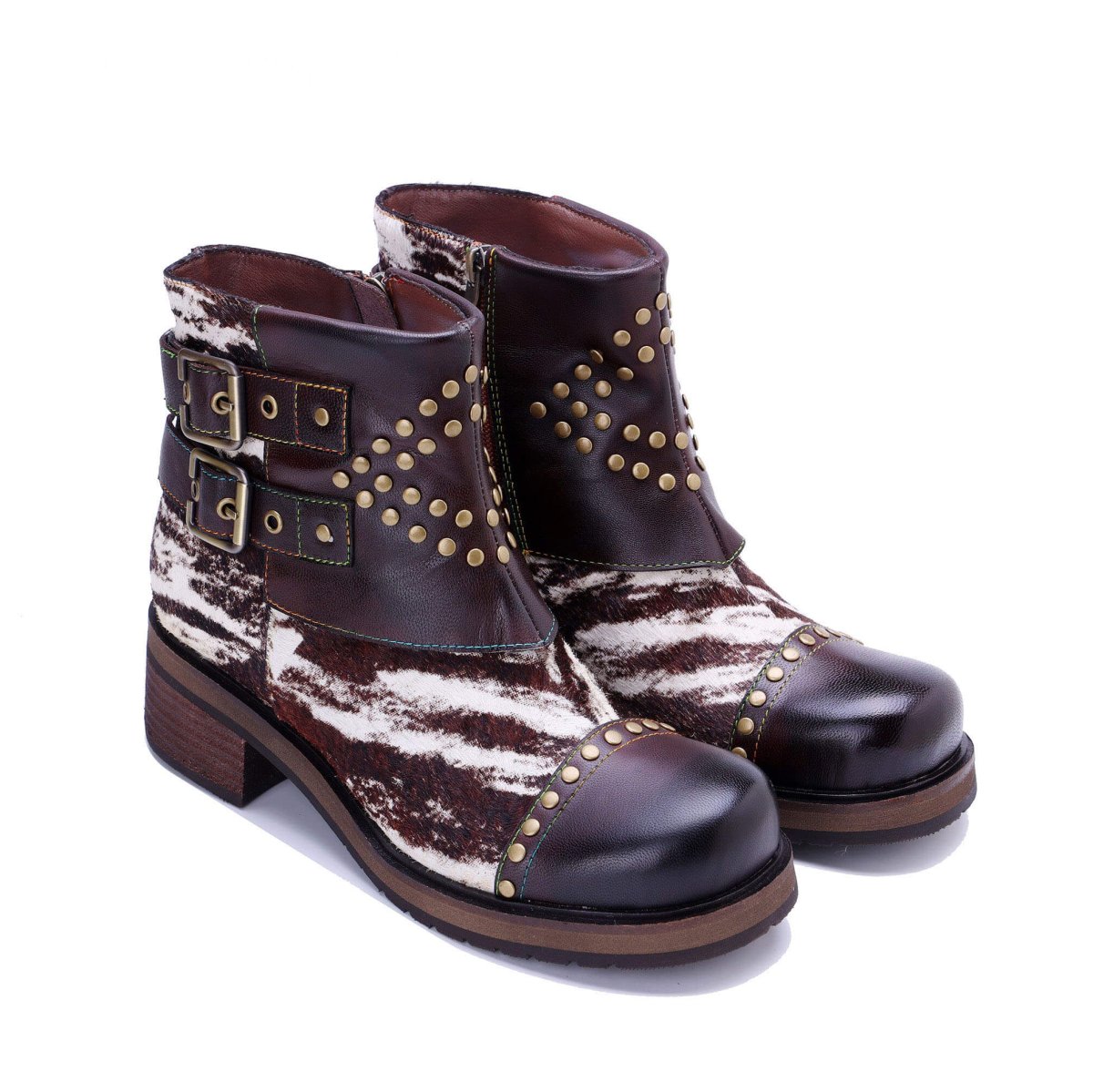 Colorstepshoes Wild Zebra Brown Leather Gold Stud Boots ankle boots by Colorstepshoes – Don't Panic Shoes