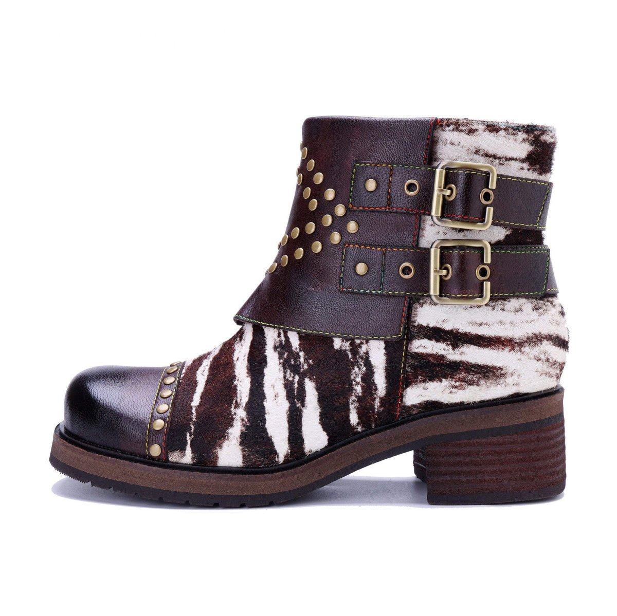 Colorstepshoes Wild Zebra Brown Leather Gold Stud Boots ankle boots by Colorstepshoes – Don't Panic Shoes