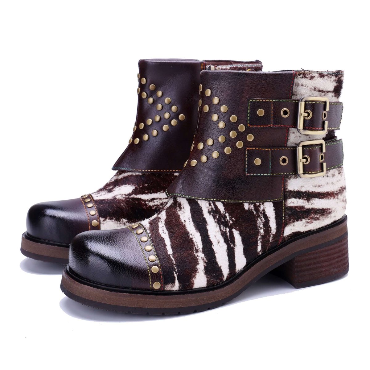 Colorstepshoes Wild Zebra Brown Leather Gold Stud Boots ankle boots by Colorstepshoes – Don't Panic Shoes