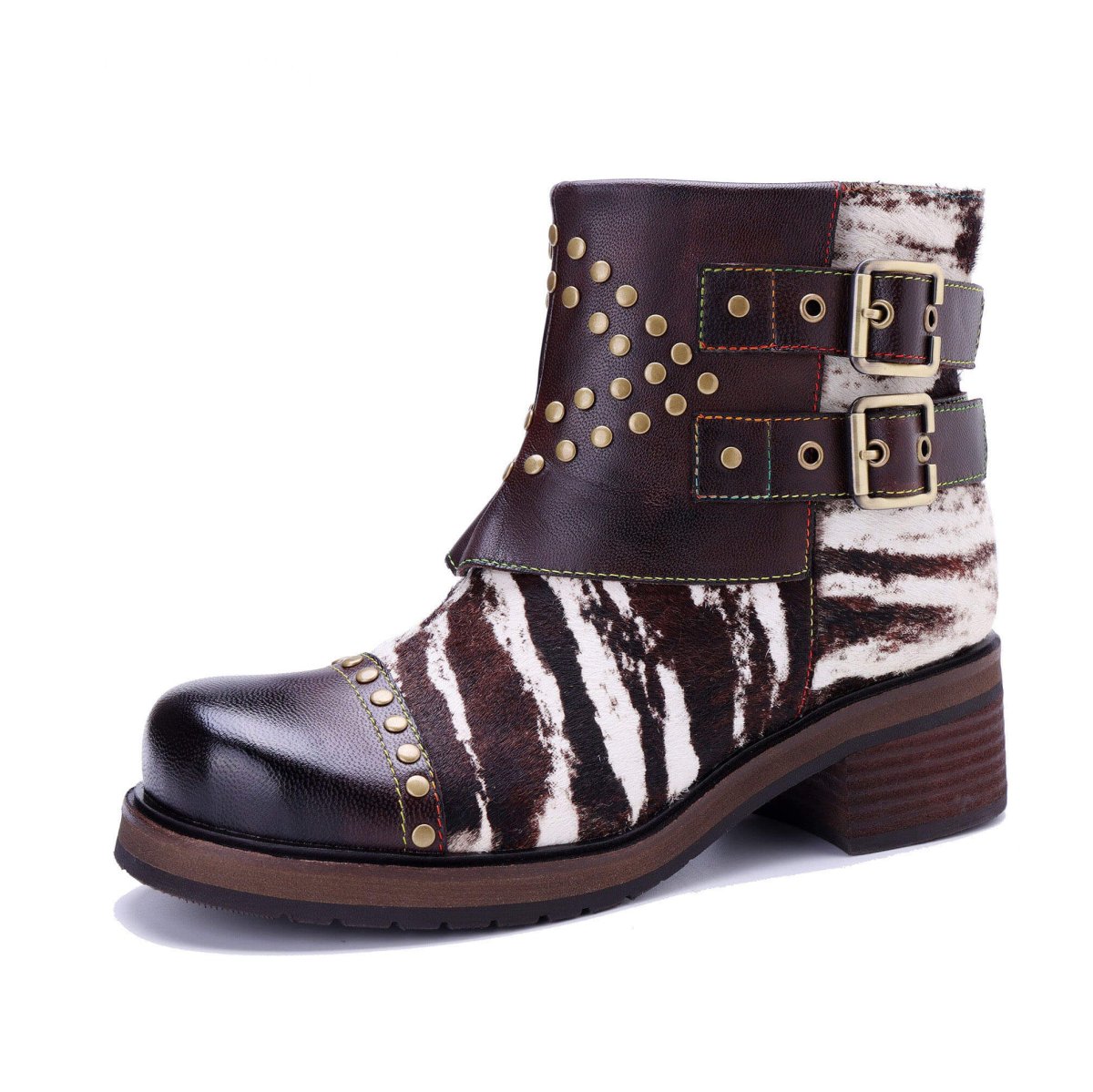 Colorstepshoes Wild Zebra Brown Leather Gold Stud Boots ankle boots by Colorstepshoes – Don't Panic Shoes