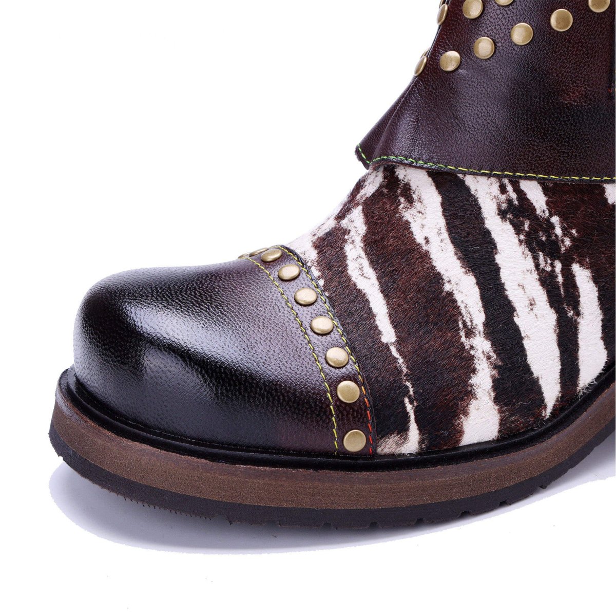 Colorstepshoes Wild Zebra Brown Leather Gold Stud Boots ankle boots by Colorstepshoes – Don't Panic Shoes