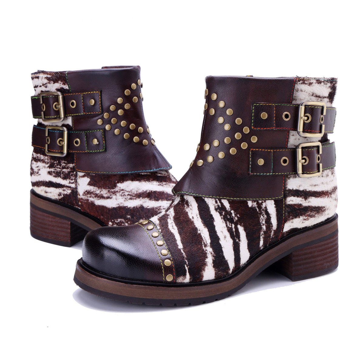 Colorstepshoes Wild Zebra Brown Leather Gold Stud Boots ankle boots by Colorstepshoes – Don't Panic Shoes
