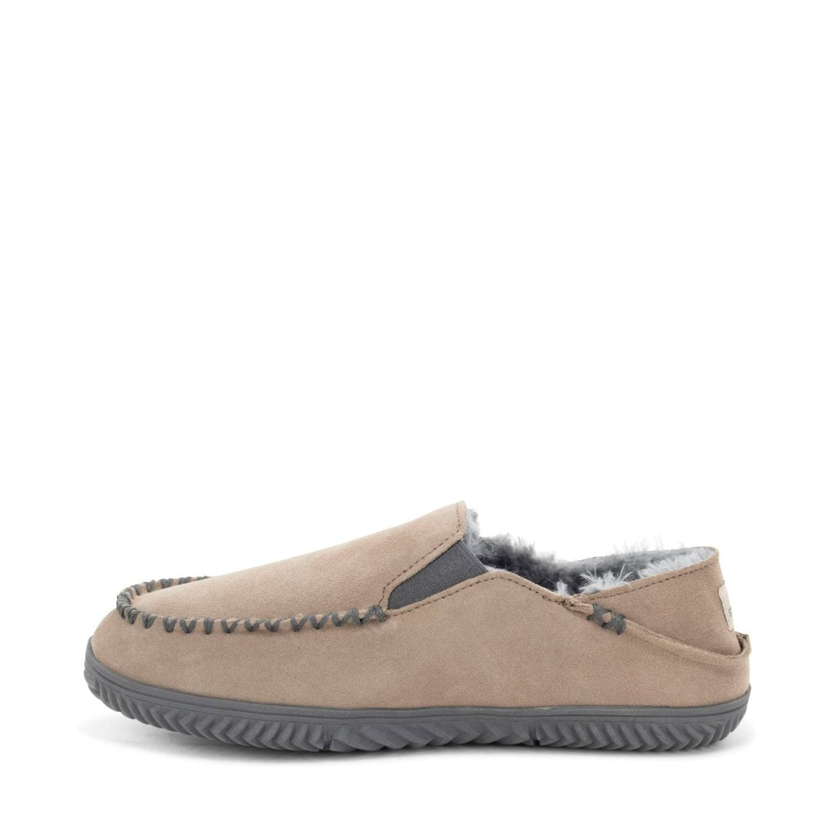 Curbside Slipper Men's Taupe Suede Vegan Fur Lined Foldable Staheekum Men's Slippers by Staheekum Men's – Don't Panic Shoes