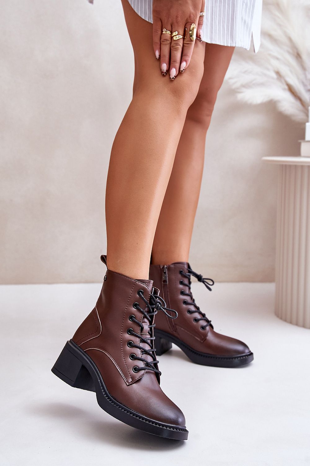 Milvera Genuine Leather Ankle-High Lace-Up Heel Boots