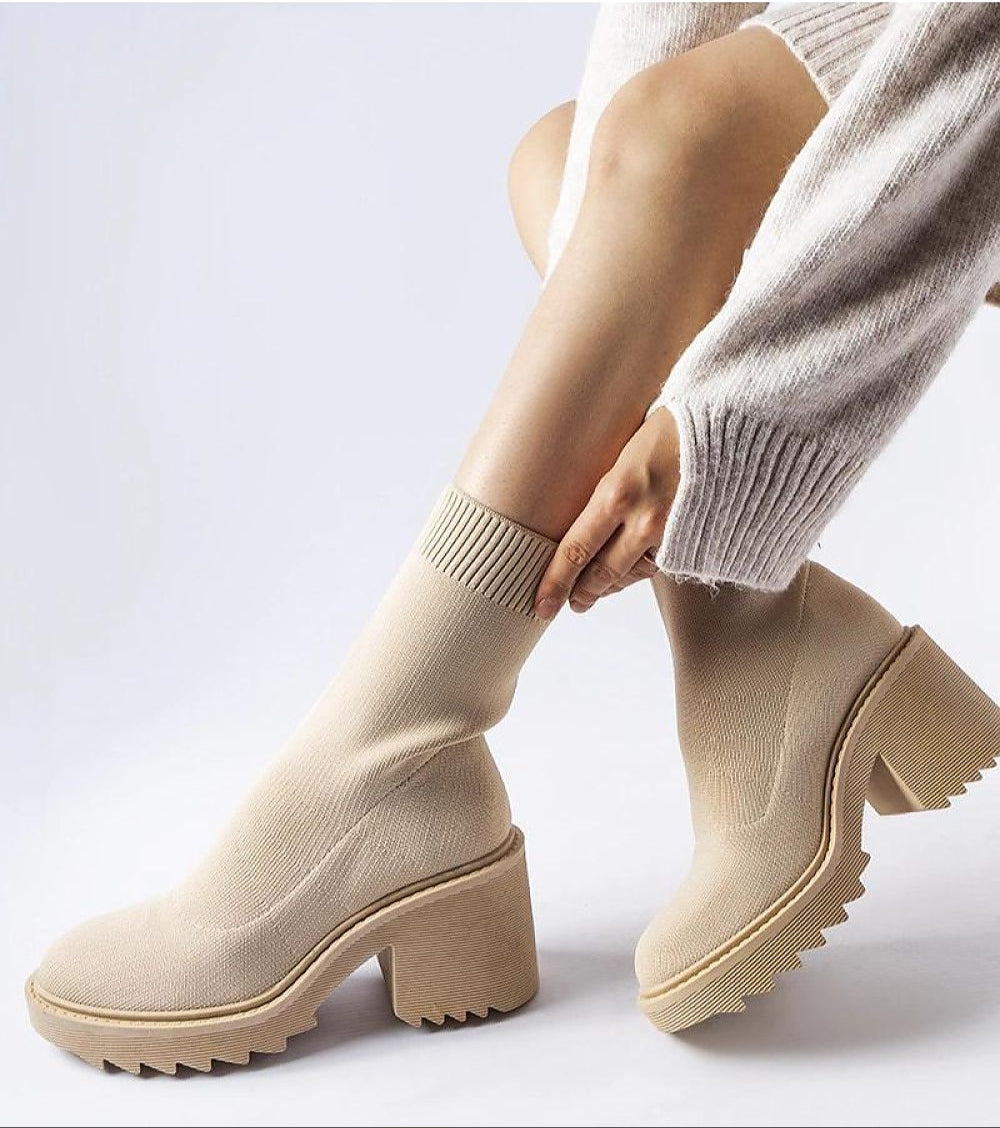Merissia Beige Sock Ankle Boots with Heel