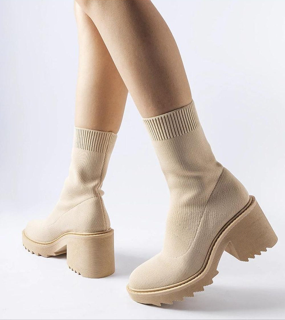 Merissia Beige Sock Ankle Boots with Heel