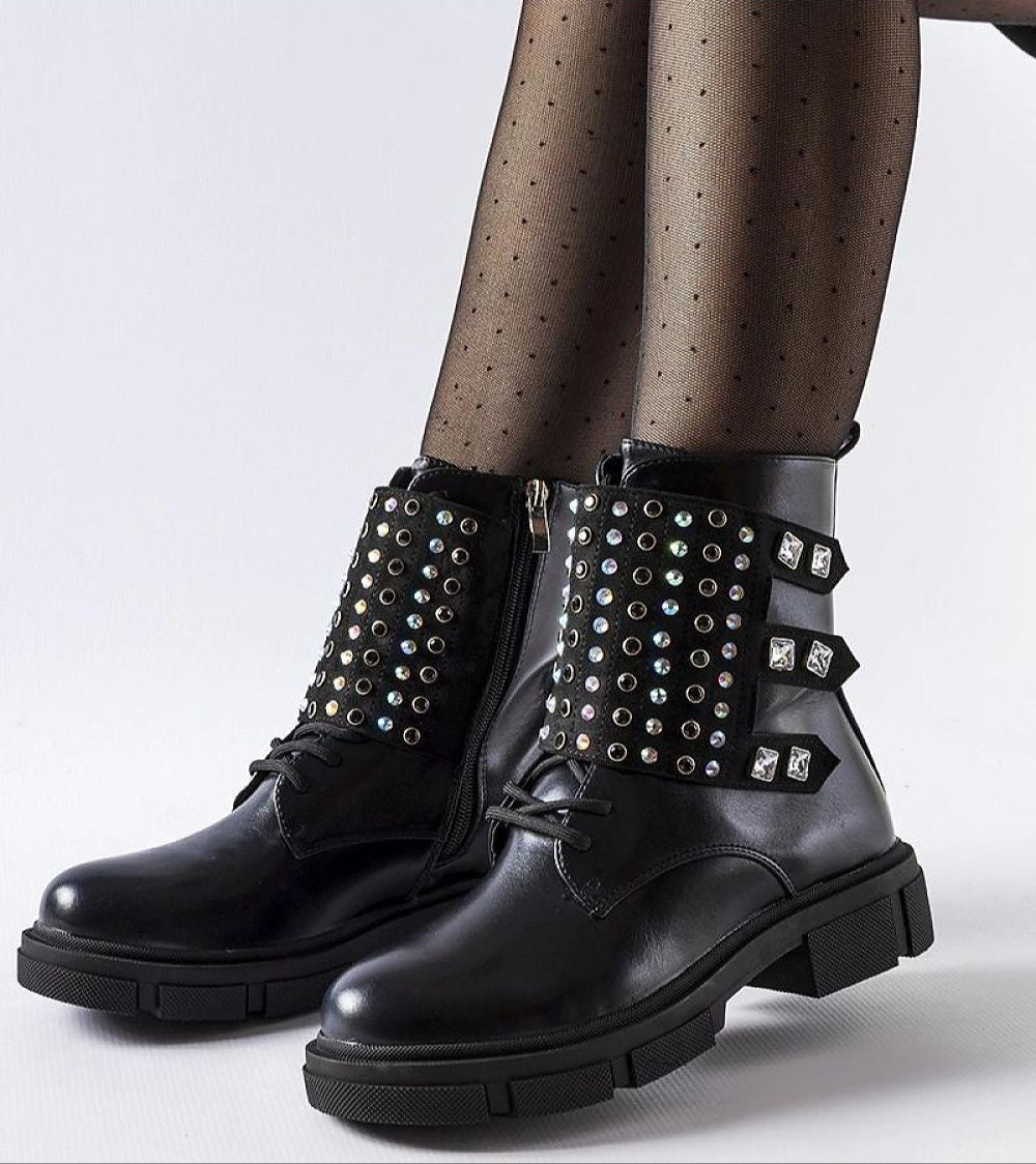 Elvare Black Rhinestone Ankle Boots