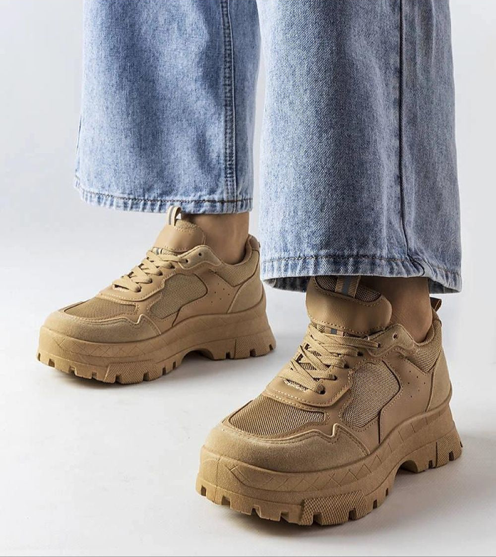 Avenza Sporty Lace-Up Sneakers In Beige For Women With Breathable Design