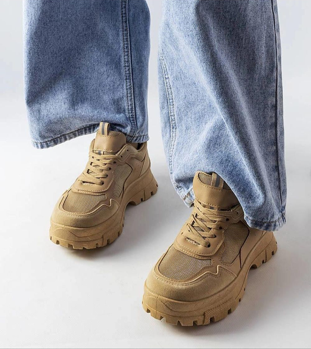 Avenza Sporty Lace-Up Sneakers In Beige For Women With Breathable Design