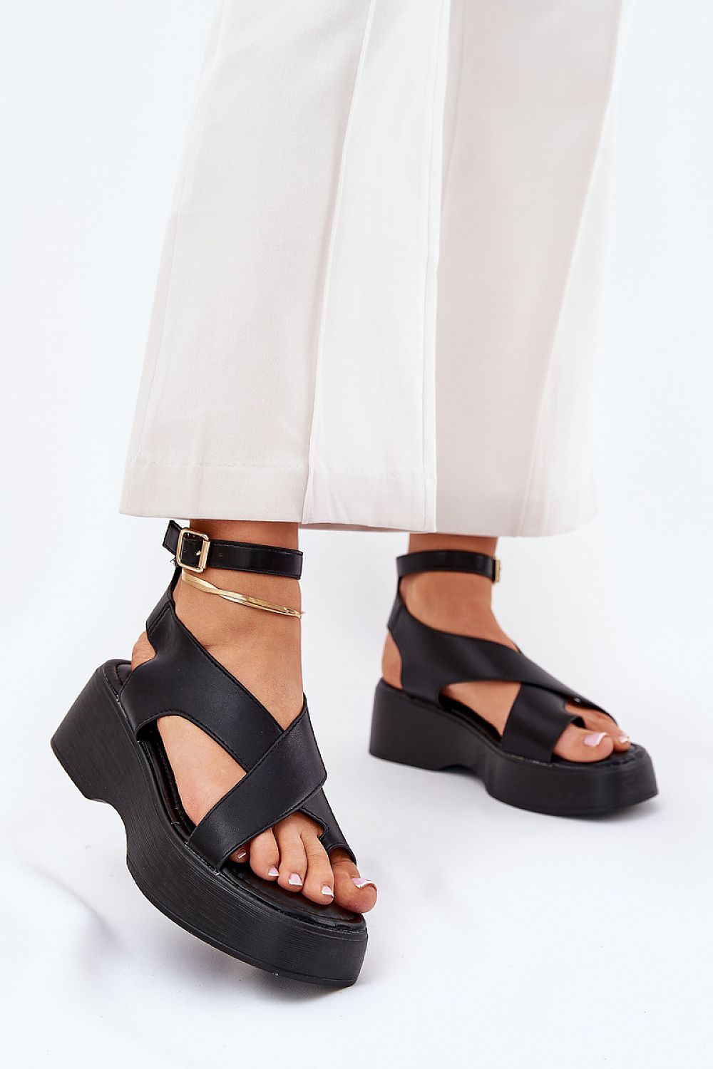 Lirianne Platform Buckle Sandals Open Toe Vegan Leather