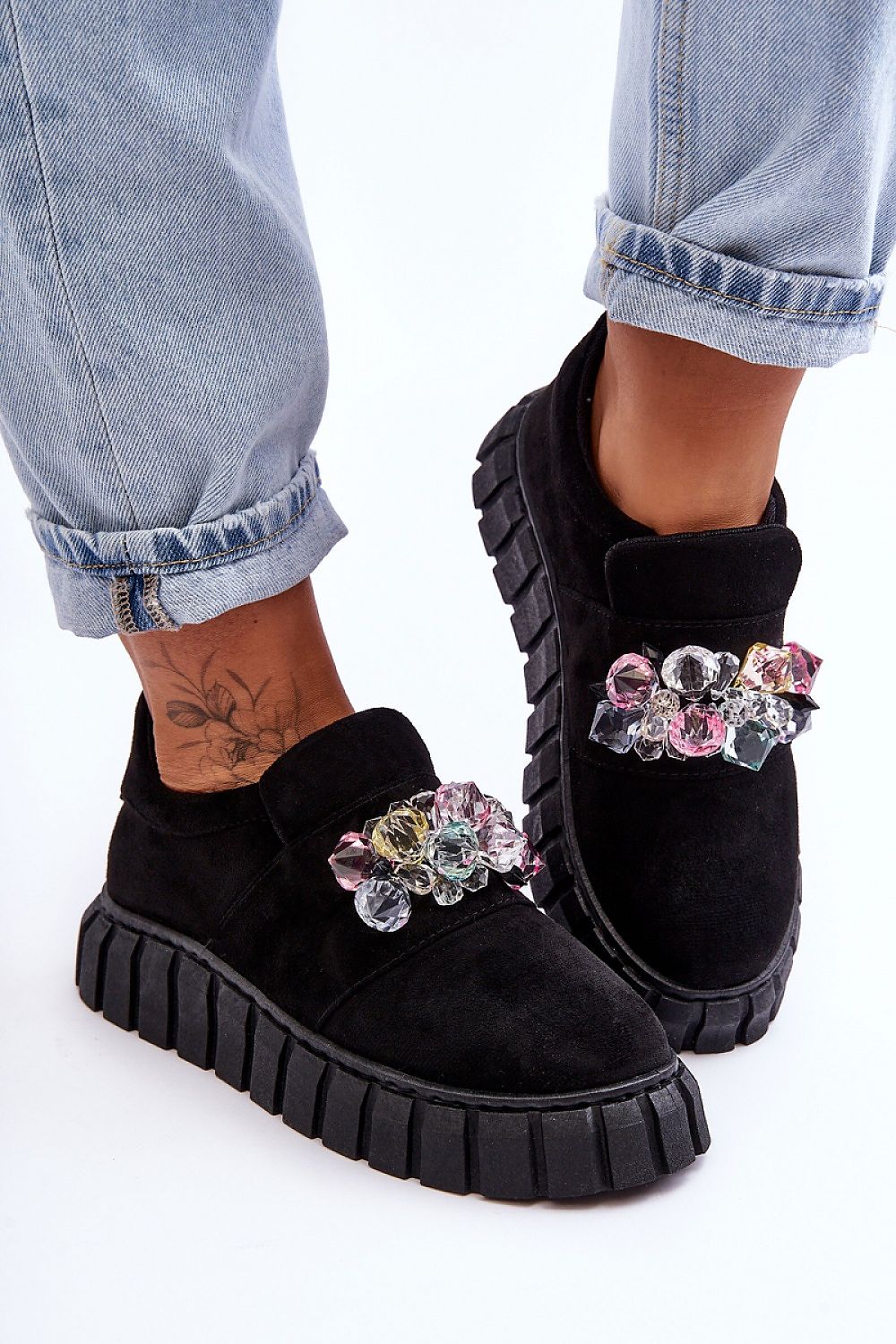 Verelune Crystal Platform Slip Ons Vegan Suede Comfort