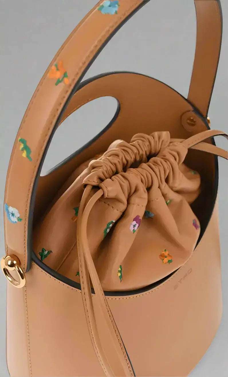 ETRO Brown Calfskin Tote Bag with hand painted floral handle