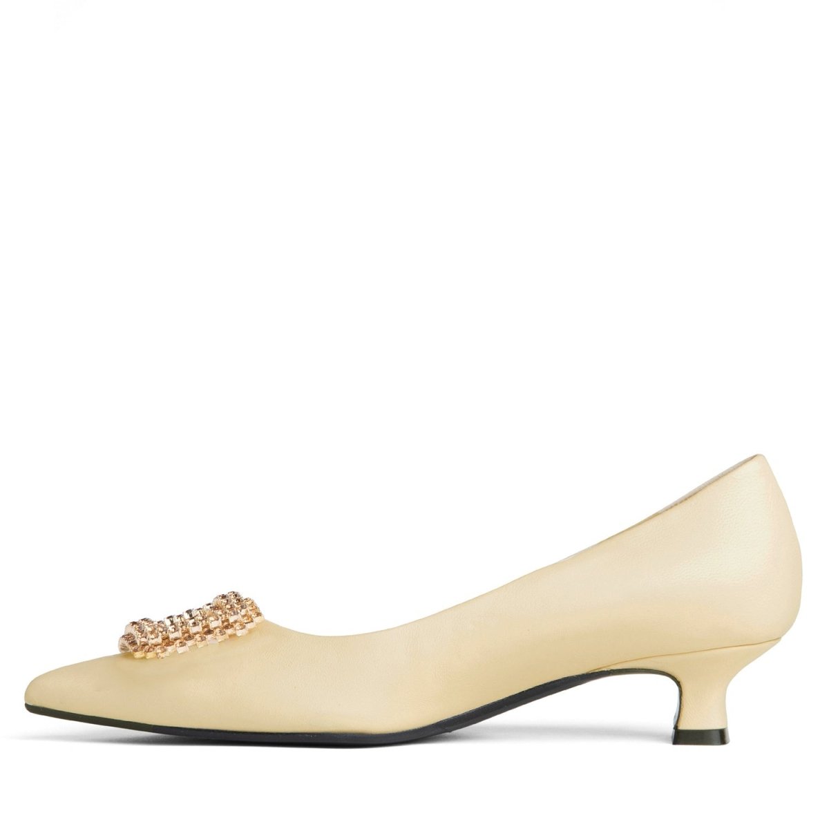 ElSie Women’s Beige Leather Micro Heel Pump Rhinestone Buckle Heels by Beautiisoles – Don't Panic Shoes