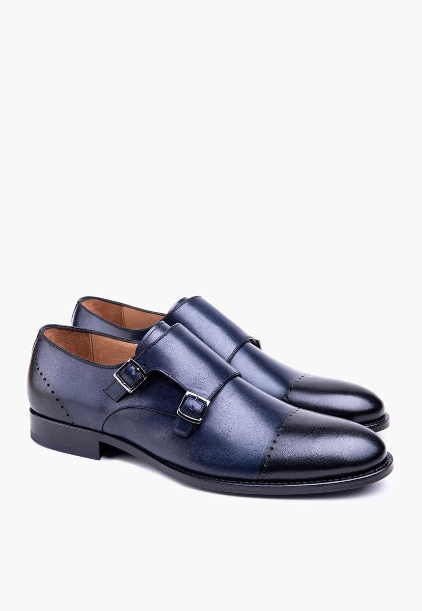 Esquire Double Monk Strap Leather Navy Black Cap Toe Shoes Men Shoes by Sepol Shoes – Don't Panic Shoes