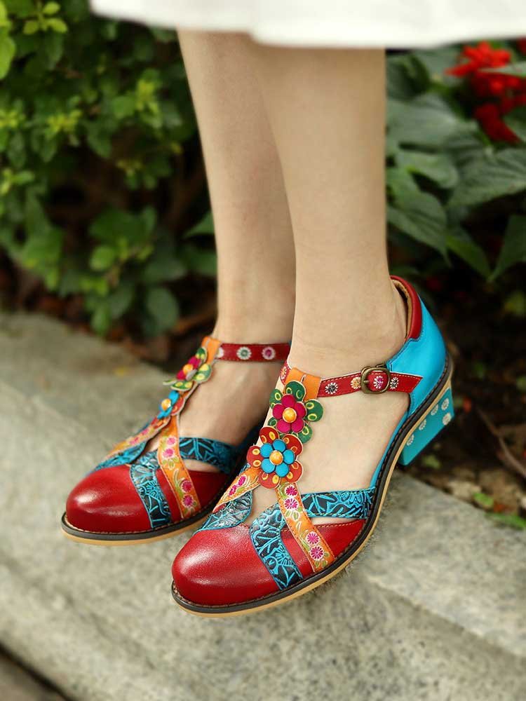 Genuine Leather Flower Retro Shoes Flat by Colorstepshoes – Don't Panic Shoes