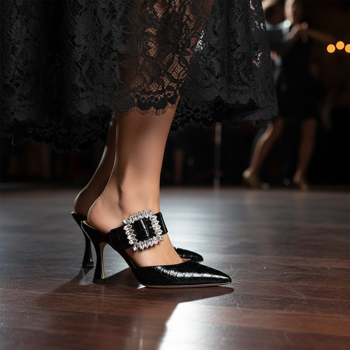 Georgina Evening Mule Womens Black Embossed Leather 70mm Heels by Beautiisoles – Don't Panic Shoes