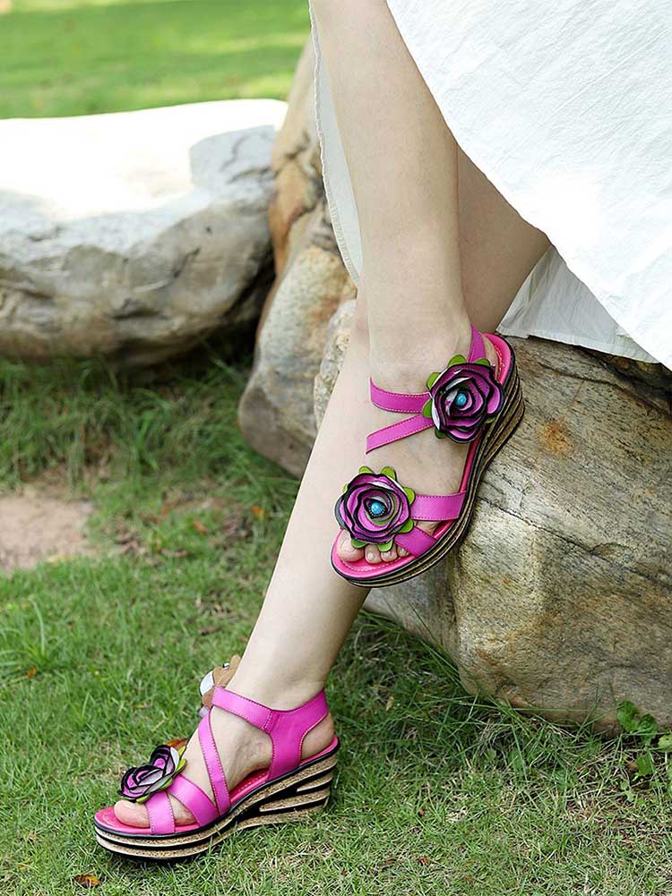 Gorgeous Handmade Rose Wedge Sandals Sandals by Colorstepshoes – Don't Panic Shoes