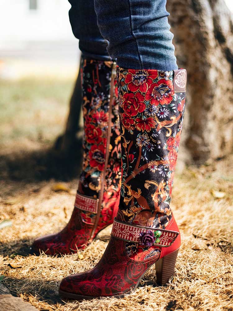 Handmade Floral Embossed Embroidery Elegant Boots Boots by Colorstepshoes – Don't Panic Shoes