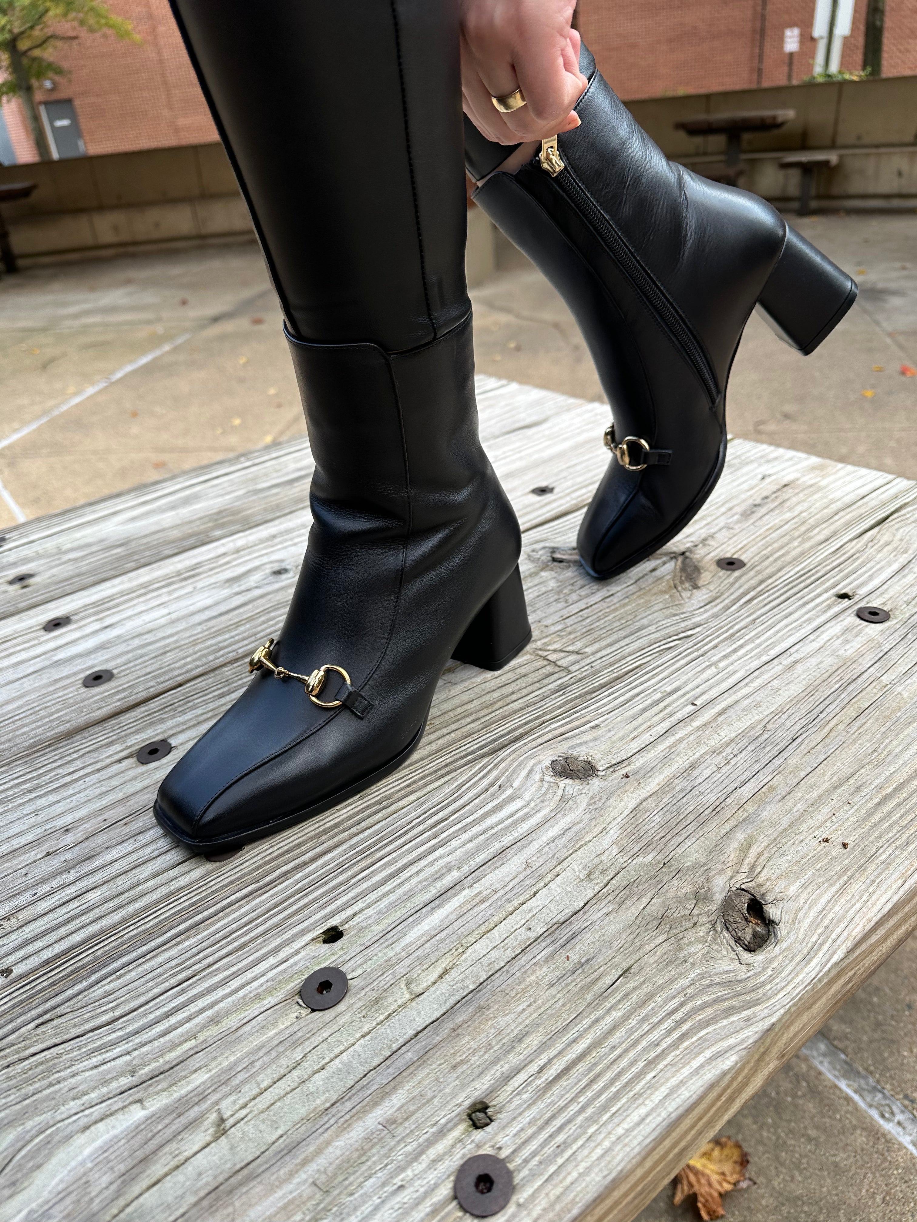 The Bukres Black Leather Block Heel Women Boot